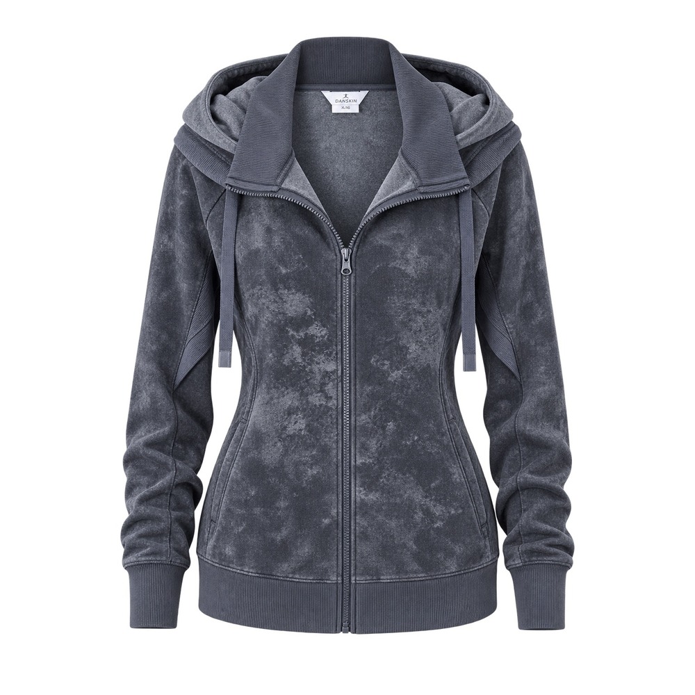 Danskin Womens XL Gray Acid Wash Full Zip Hoodie Sweatshirt Thumbholes 9276
